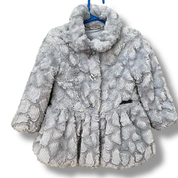 Calvin Klein Jeans Girls Size 3T Coat Jacket Faux Fur Button Down Dress Up Gray - Picture 1 of 11